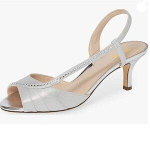 XYD Silver Peep Toe Low Heel Sandals Strappy Satin Slingback Wedding Bridal Shoe